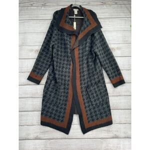 Max Studio Houndstooth Open Front Duster Cardigan Sweater Womens L Black Brown